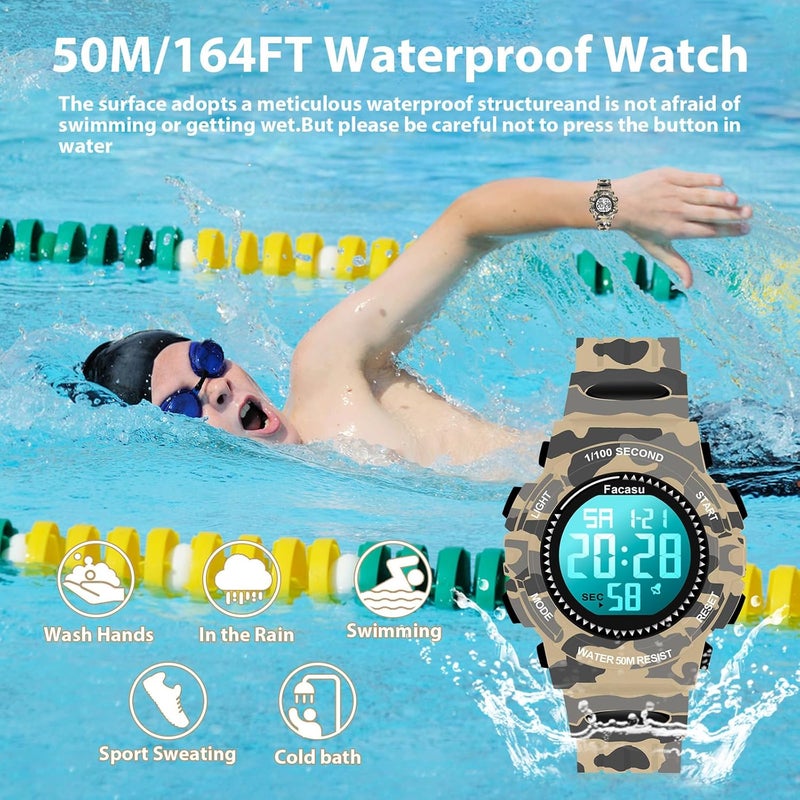 Facasu Store Camo Sports Watch for Boys-Waterproof Kids Digital Watch with Light, Alarm&Snooze,Stopwatch Military Design Silicone Band Gift for Birthdays,Christmas Outdoor Activities(8+ Years) - Image 2